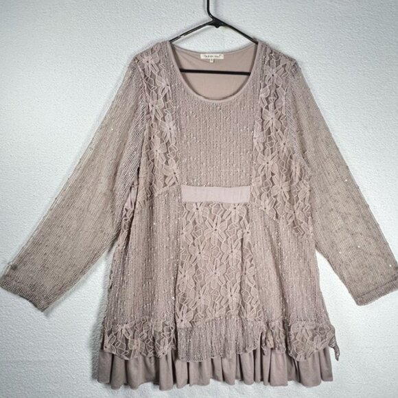 Indigo Soul Tops - Indigo Soul Women's Layered Tunic w/Lace & Sequin Detail, long Sheer Sleeves 3XL